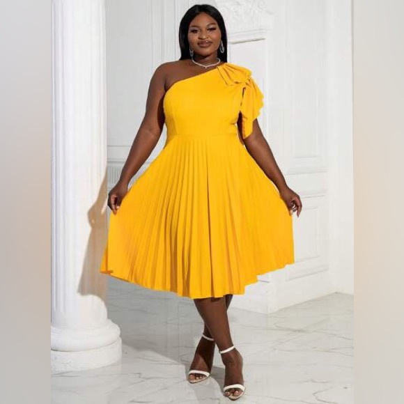 Retro One Shoulder Ruffle Trim Pleated Yellow Dress - Picture 2 of 8